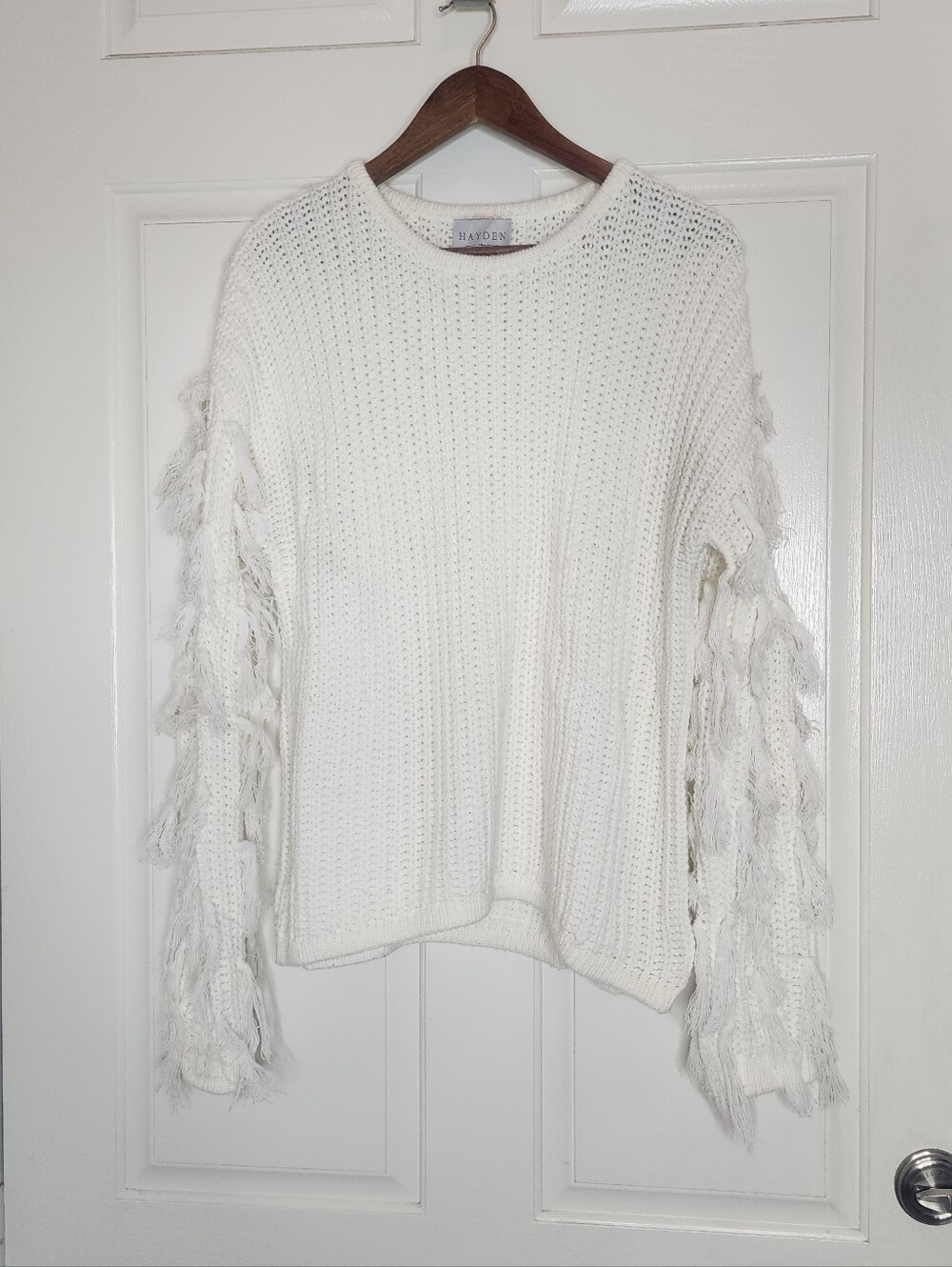 Hayden LA Cream Fringe Sleeve Boho Knit Pullover Sweater Size M/L
